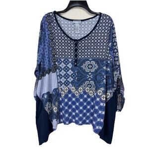 Catherines Top Tunic 2X Blue Boho Paisley Drapey Flowy Beach Rhinestones Sparkly